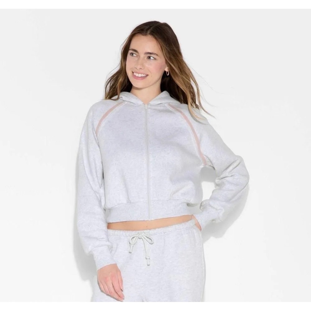 Wild Fable Women XS Heather Gray Pink Trim Cropped Zip Up Hoodie Sweatshirt NEW